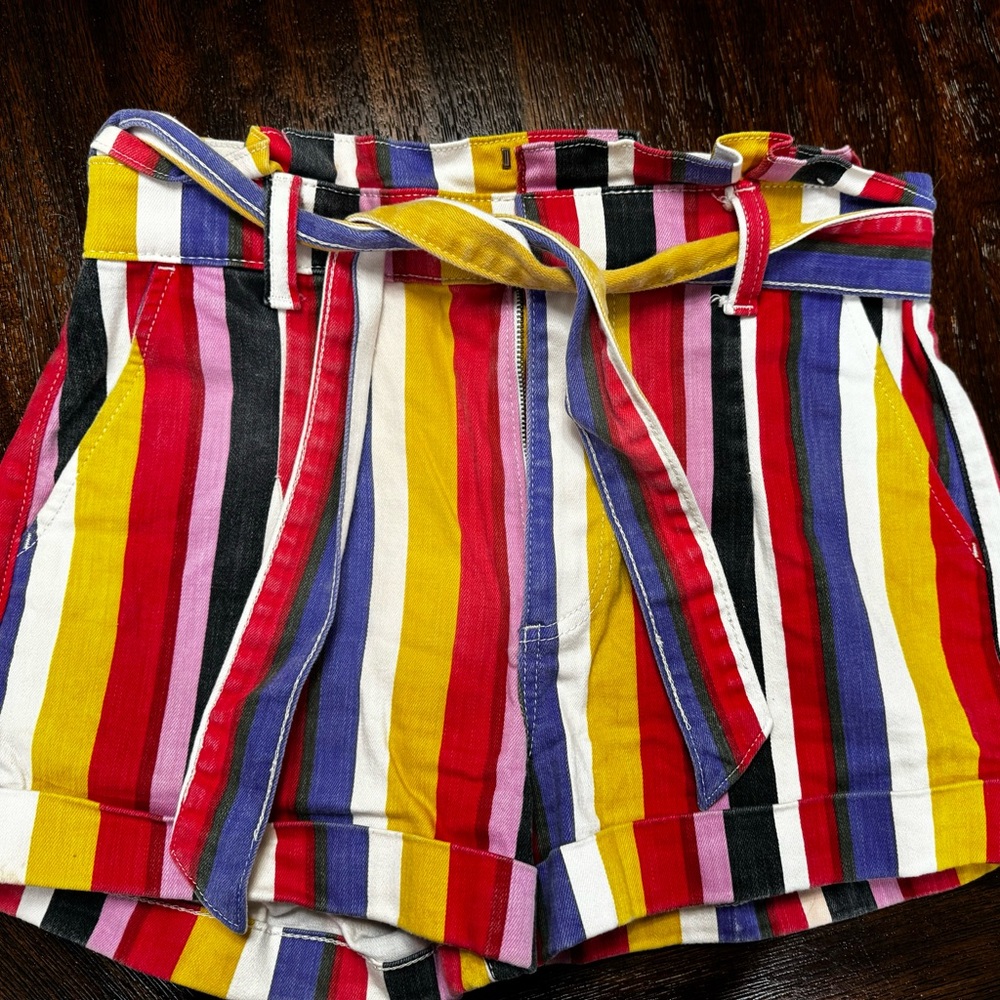 EUC Express Shortie Extreme High Rise Shorts Denim Paperbag Rainbow Stripe -  6